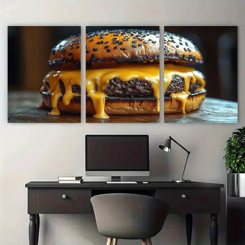 3pcs Black Burger Melting Cheese Food Wall Art Set Canvas Framed 40x60cm - High Quality Print 100% Australian Made Wall Canvas Ready to Hang