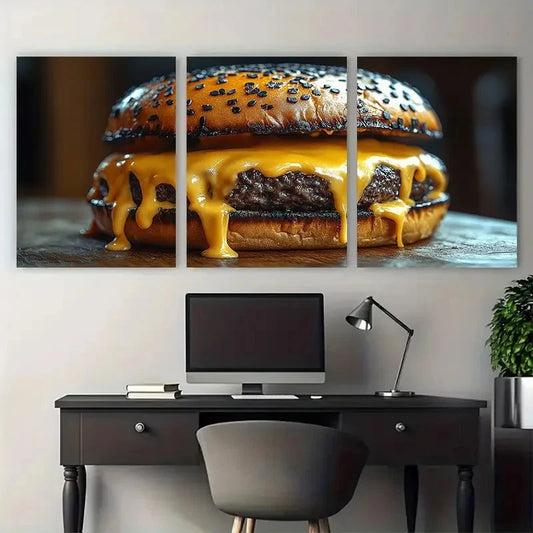 3pcs Black Burger Melting Cheese Food Wall Art Set Canvas Framed 40x60cm - High Quality Print 100% Australian Made Wall Canvas Ready to Hang