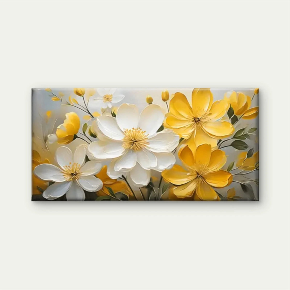 Vibrant Yellow & White Floral Wall Art Canvas Office Home Room Framed 120x60cm