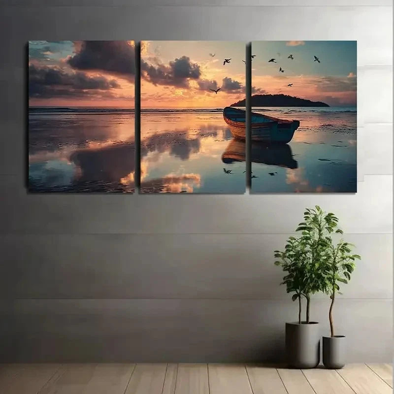 3pcs Sunset Beach Scene with Boat and Island Metal Print Ready to Hang Art