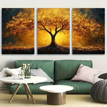 3pcs Golden Tree Symbolic Rooted Tree of Life Metal Print Ready to Hang Art