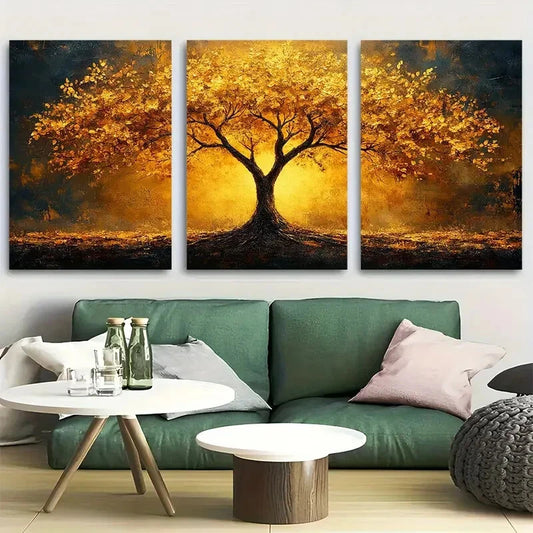 3pcs Golden Tree Symbolic Rooted Tree of Life Metal Print Ready to Hang Art