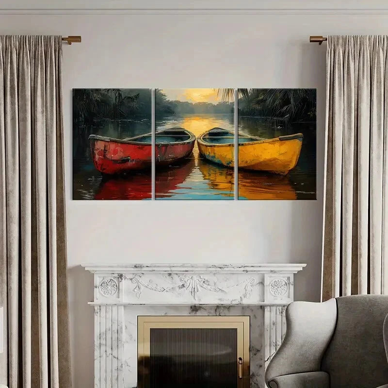 3pcs Artistic Canoe Sunset Reflections Water Scene Metal Print Ready to Hang Art
