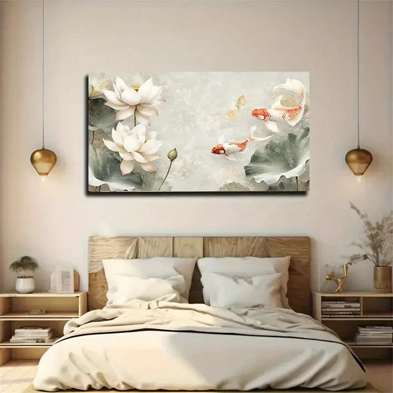 Abstract Koi Fish Lotus wall canvas office home room framed 120x60cm