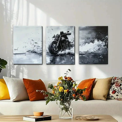 3pcs Black & White Motorcycle Metal Print Ready to Hang Art