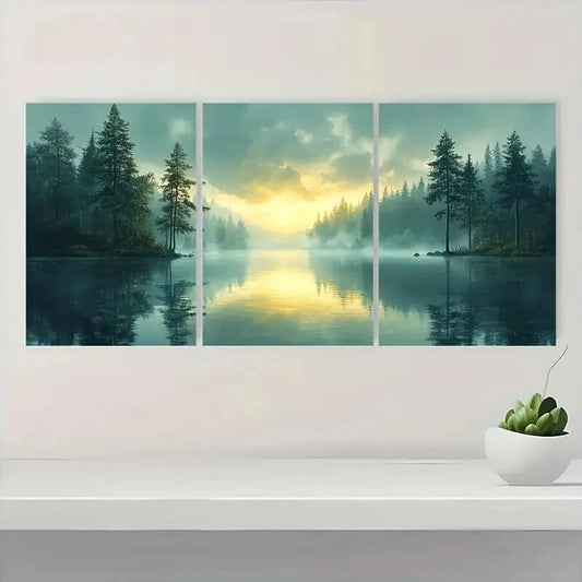3pcs Serene Landscape with Soft Pastel Sky Metal Print Ready to Hang Art