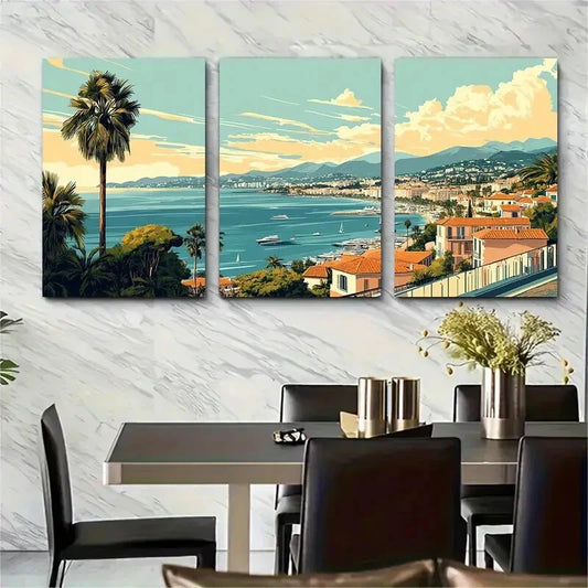 3pcs MidCentury Modern Cannes Riviera Metal Print Ready to Hang Art