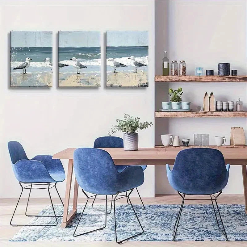 3pcs Stylish Seaside Bird Scene with Ocean Waves Metal Print Ready to Hang Art