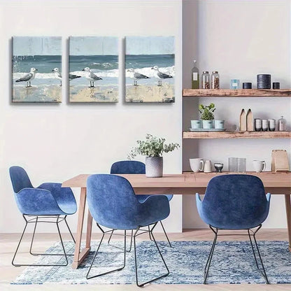 3pcs Stylish Seaside Bird Scene with Ocean Waves Metal Print Ready to Hang Art
