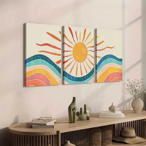 3pcs Mid-Century Abstract Landscape Canvas Framed 60x90 cm - High Quality Print 100% Australian Made Wall Canvas Ready to Hang