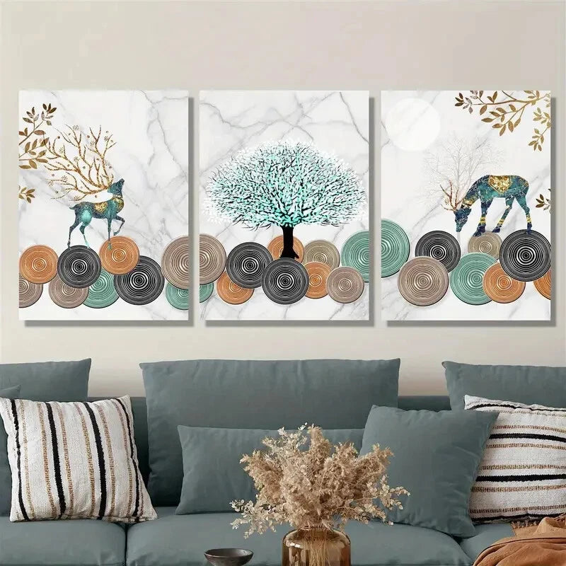3pcs Deer and Ginkgo Leaf Tree Metal Print Ready to Hang Art