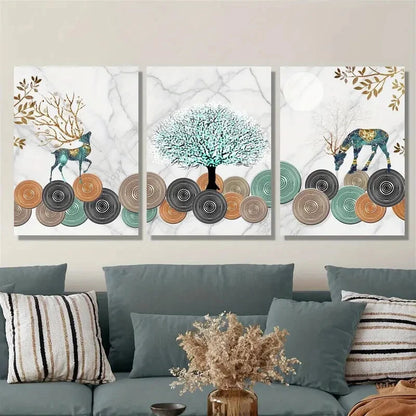 3pcs Deer and Ginkgo Leaf Tree Metal Print Ready to Hang Art