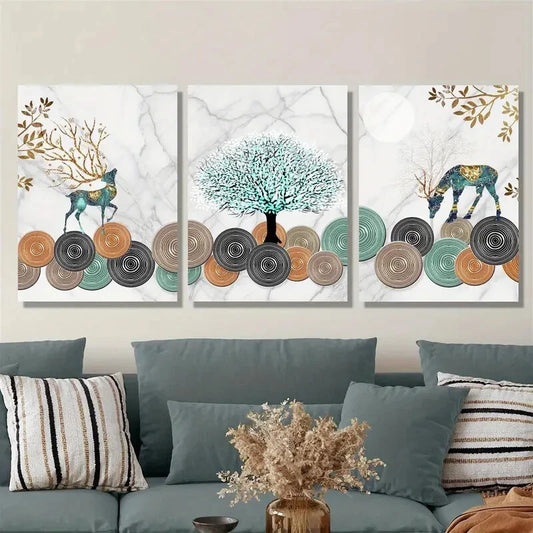 3pcs Deer and Ginkgo Leaf Tree Metal Print Ready to Hang Art