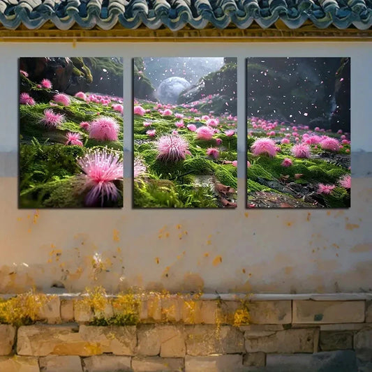 3pcs Vibrant Pink Florals with Moon View Metal Print Ready to Hang Art