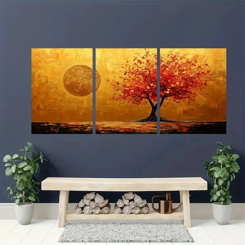 3pcs Abstract Golden Tree Minimalist Metal Print Ready to Hang Art