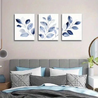 3pcs Blue Leaf Botanical Modern Nature Metal Print Ready to Hang Art