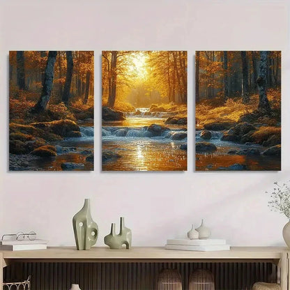 3pcs Vibrant Forest Floral Stream Metal Print Ready to Hang Art