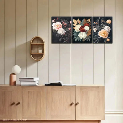 3pcs Beautiful Flowers on Black Background Floral Metal Print Ready to Hang Art