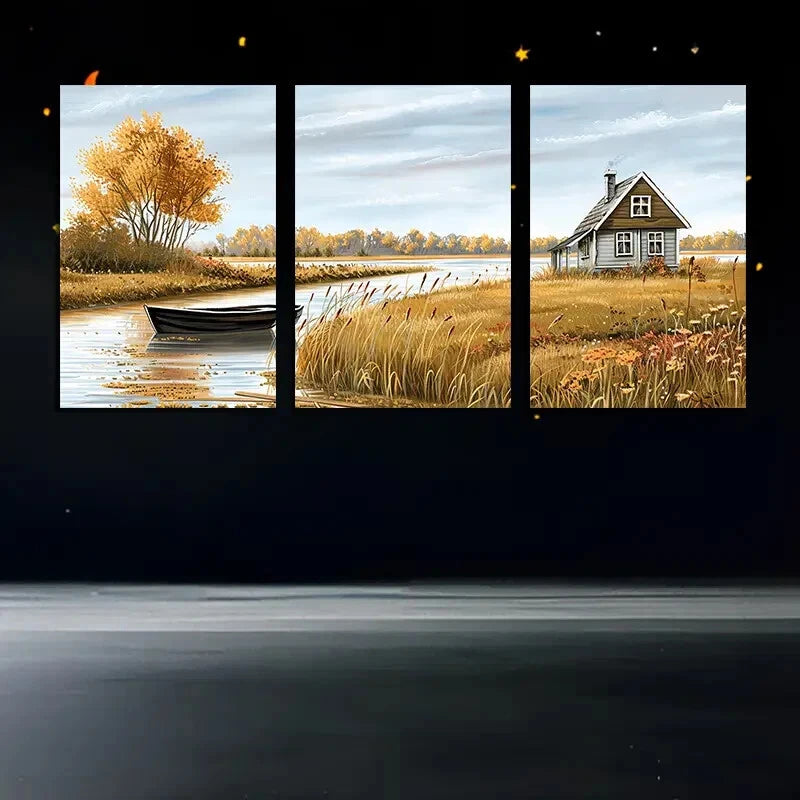 3pcs The Small Boat By The Farmhouse Illustration Metal Print Ready to Hang Art