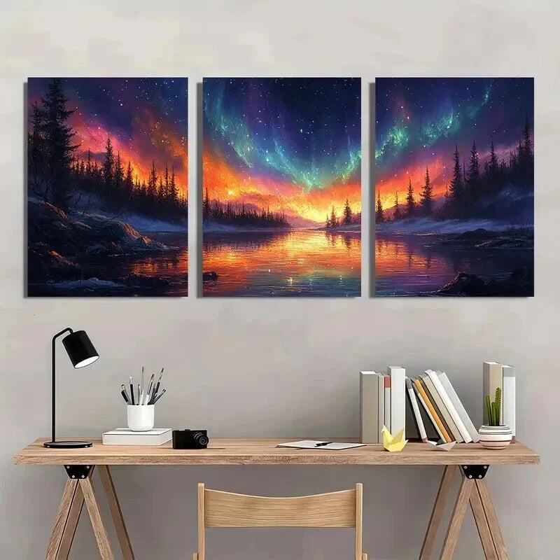 3pcs Northern Lights Starry Night Scene Wall Art Set Canvas Framed 40x60cm - High Quality Print 100% Australian Made Wall Canvas Ready to Hang