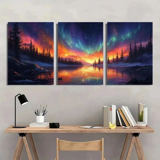 3pcs Northern Lights Starry Night Scene Wall Art Set Canvas Framed 40x60cm - High Quality Print 100% Australian Made Wall Canvas Ready to Hang