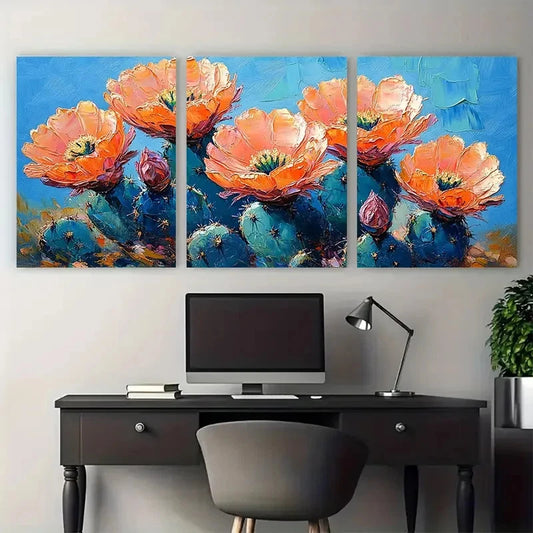 3pcs Cactus Flowers Impasto Illustration Metal Print Ready to Hang Art