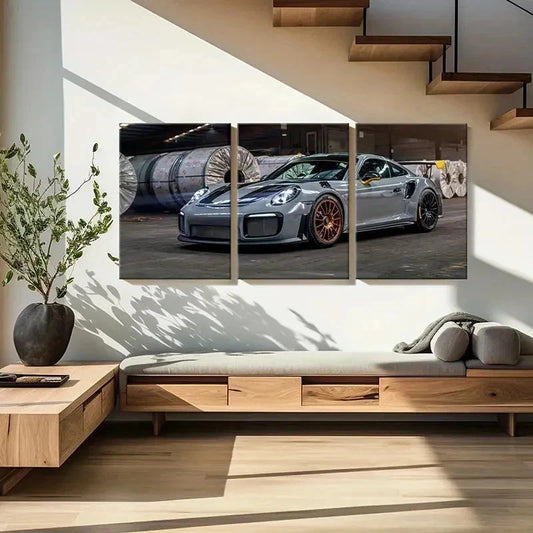 3pcs Silver Porsche Sports Car Modern Wall Art Set Canvas Framed 40x60cm - High Quality Print 100% Australian Made Wall Canvas Ready to Hang