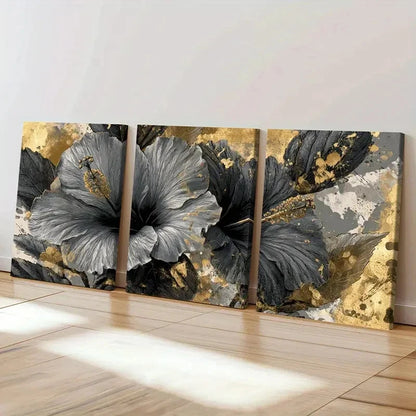 3pcs Elegant Golden Floral Art, Abstract Design Wall Art Set Canvas Framed 60x90cm - High Quality Print 100% Australian Made Wall Canvas Ready to Hang
