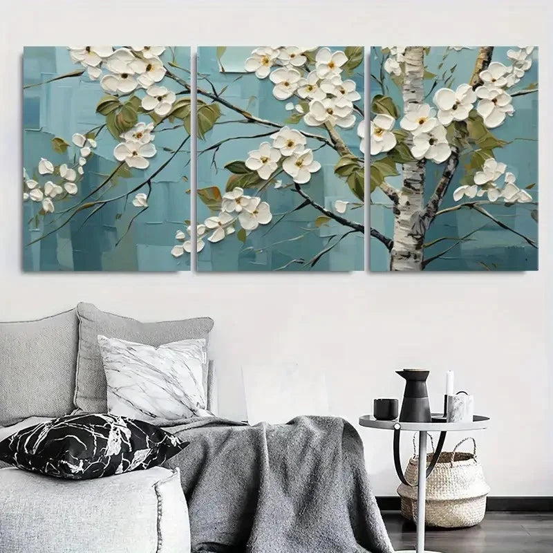 3pcs White Flowers and Branches Blossom Metal Print Ready to Hang Art