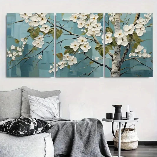 3pcs White Flowers and Branches Blossom Metal Print Ready to Hang Art