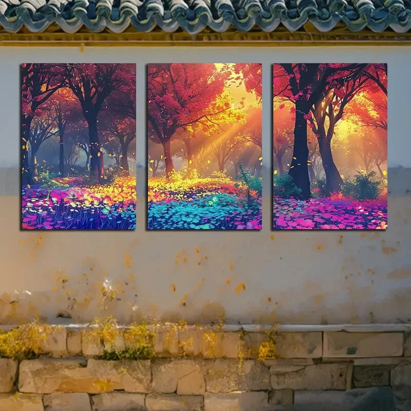 3pcs Vibrant Enchanted Forest Sunlight Scenery Metal Print Ready to Hang Art