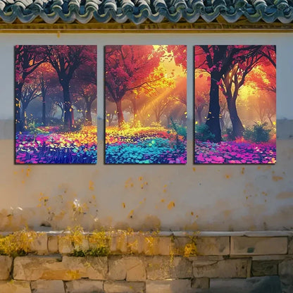 3pcs Vibrant Enchanted Forest Sunlight Scenery Metal Print Ready to Hang Art