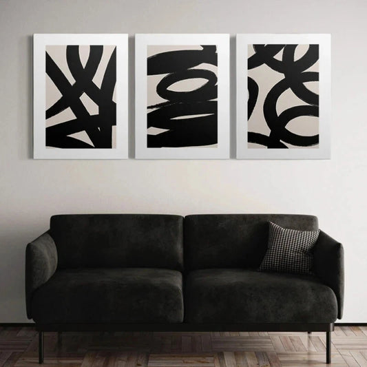 3pcs Modern Geometric Abstract Black & Beige Metal Print Ready to Hang Art