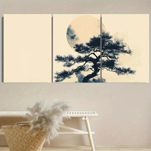 3pcs Moon Over Tree Japanese Geometric Metal Print Ready to Hang Art