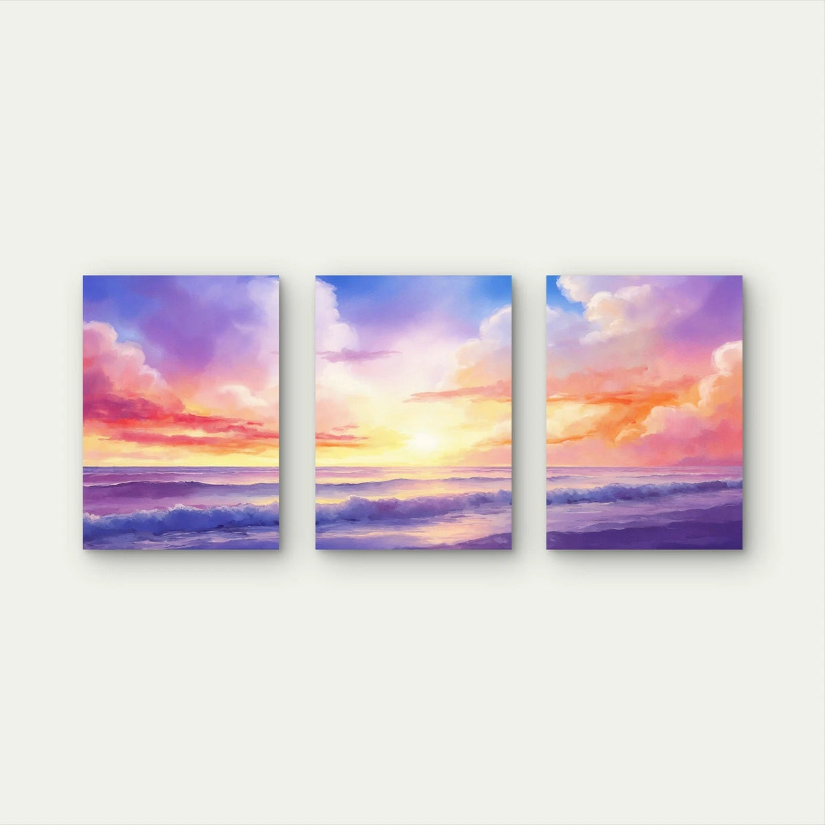 3pcs Pastel Pink Clouds Drift Over Waves Wall Art Set Canvas Framed 40x60cm - High Quality Print 100% Australian Made Wall Canvas Ready to Hang