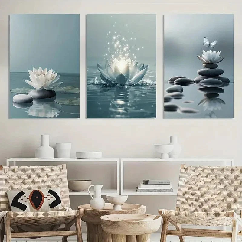 3pcs White for Lotus Blooming on Stones in Water Metal Print Ready to Hang Art