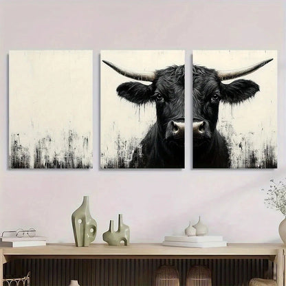 3pcs Funny Highland Cow Black and White Metal Print Ready to Hang Art