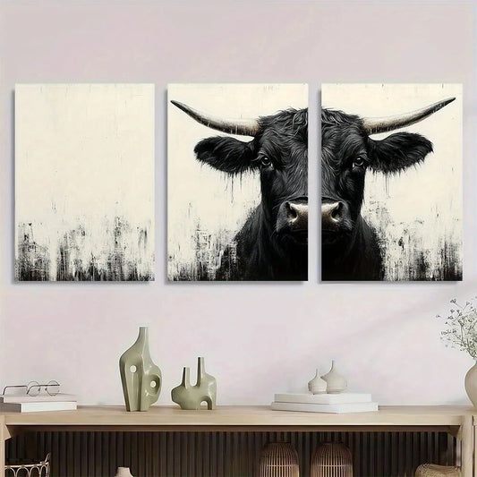 3pcs Funny Highland Cow Black and White Metal Print Ready to Hang Art