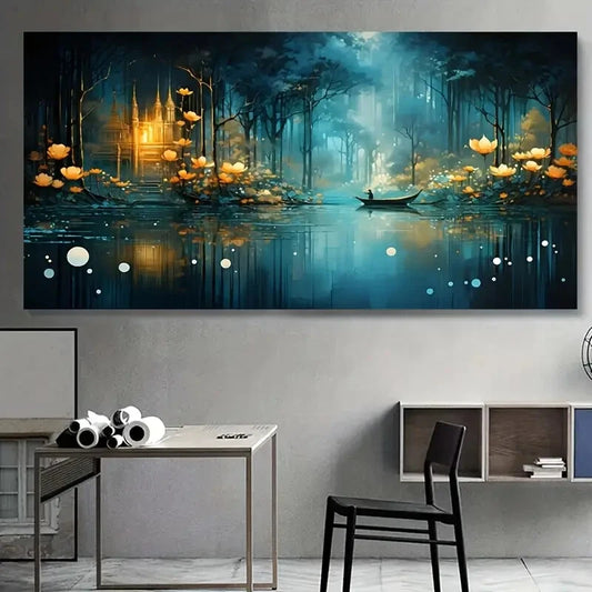 Abstract Forest Boat Lake wall canvas office home room framed 120x60cm - Bella Home Decor