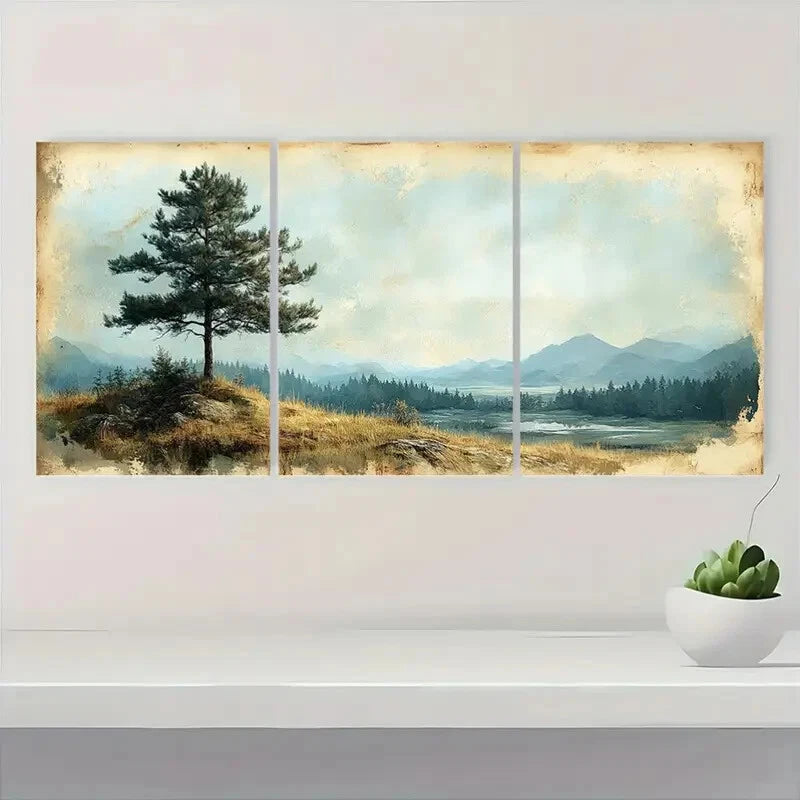 3pcs Vintage Pine Tree Panoramic Landscape Metal Print Ready to Hang Art