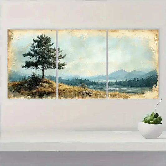 3pcs Vintage Pine Tree Panoramic Landscape Metal Print Ready to Hang Art