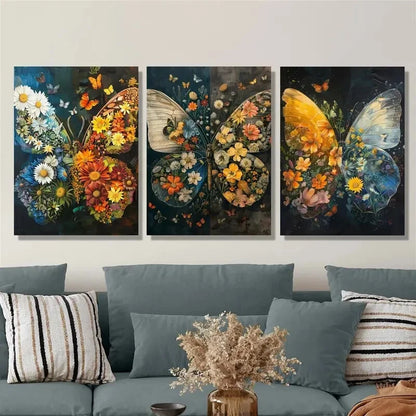 3pcs Butterflies and flowers, botanical flowers, Metal Print Ready to Hang Art