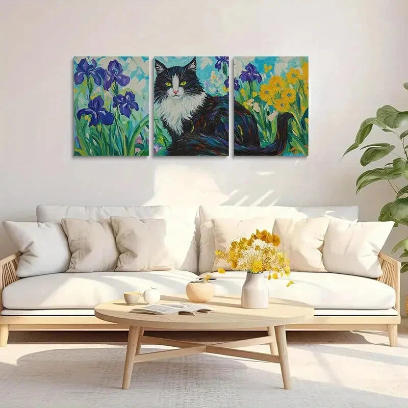 3pcs Van Gogh Inspired Black and White Cat Metal Print Ready to Hang Art