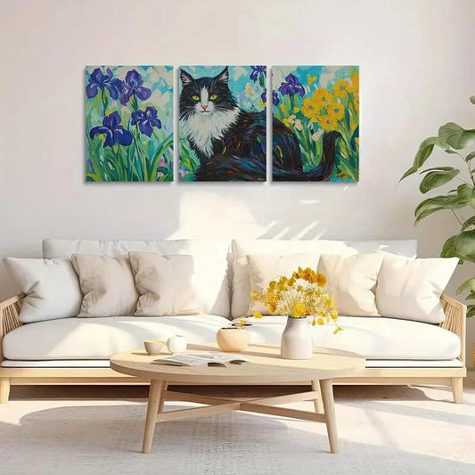 3pcs Van Gogh Inspired Black and White Cat Metal Print Ready to Hang Art