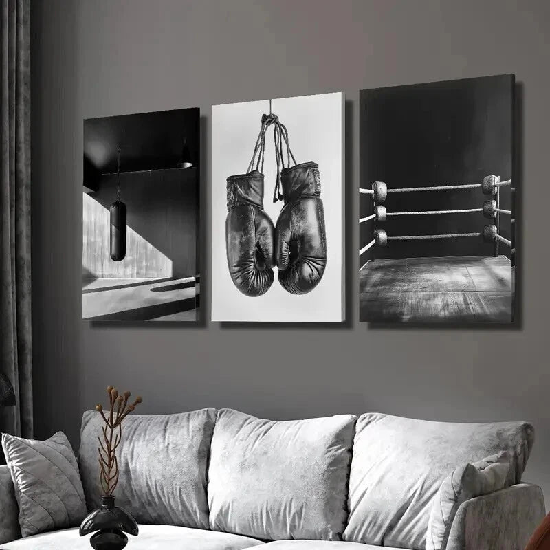 3pcs Black And White Boxing Ring Bag & Gloves Wall Art Set Canvas Framed 40x60cm - High Quality Print 100% Australian Made Wall Canvas Ready to Hang