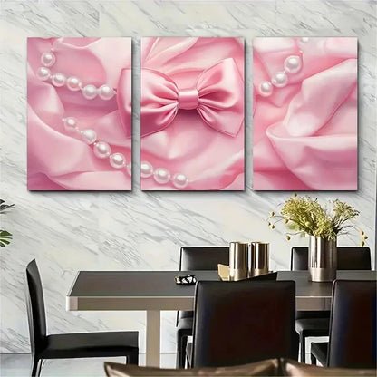 3pcs Aesthetic Pink Bow and Pearl Illustration Metal Print Ready to Hang Art