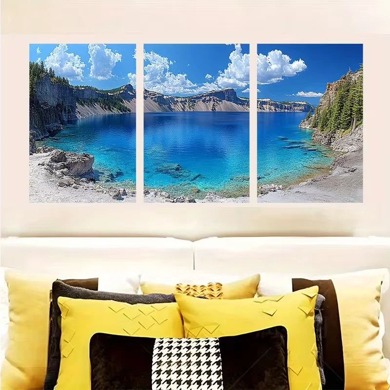 3pcs Serene Blue Water, Majestic Cliffs Metal Print Ready to Hang Art