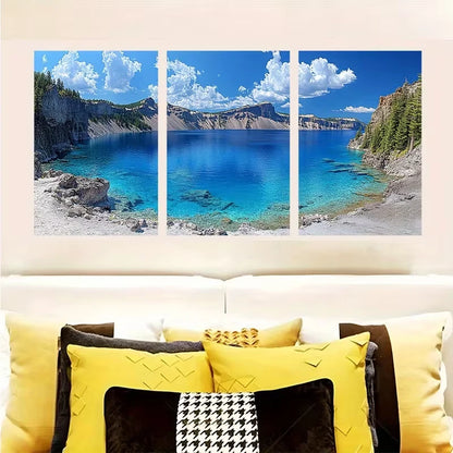 3pcs Serene Blue Water, Majestic Cliffs Metal Print Ready to Hang Art