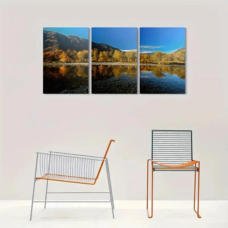 3pcs Golden Autumn Foliage & Calming Waters Metal Print Ready to Hang Art