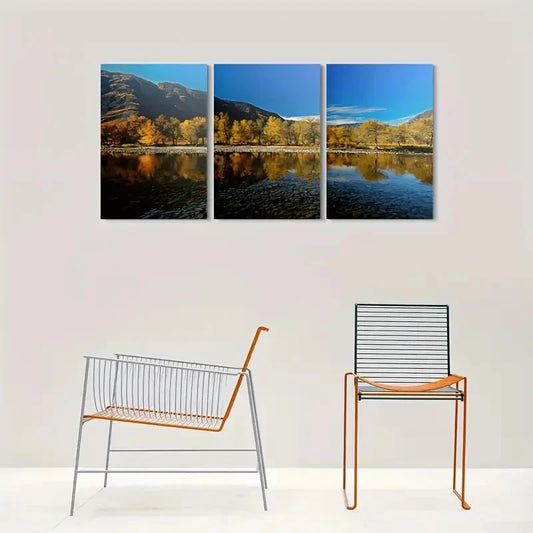 3pcs Golden Autumn Foliage & Calming Waters Metal Print Ready to Hang Art